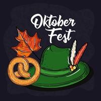 celebrazione del festival dell'oktoberfest con cappello tirolese, pretzel e foglia d'autunno vettore