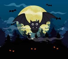 felice sfondo di halloween con pipistrelli che volano e luna piena vettore