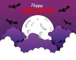 striscione felice di halloween, con pipistrelli che volano, luna piena e nuvole in stile carta tagliata vettore