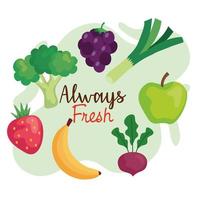 banner, frutta e verdura sempre fresche, concetto di cibo sano vettore