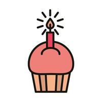 buon compleanno cupcake dolce con linea di festa celebrazione candela e stile di riempimento vettore