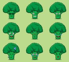 carino e kawaii broccoli verdure emoticon personaggio espressione illustrazione impostato vettore