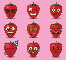 vettore carino e kawaii fragola emoticon espressioni impostato