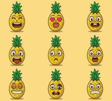 carino e kawaii ananas emoticon espressione illustrazione impostato vettore