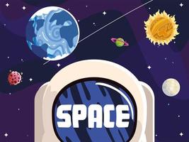 casco astronauta spaziale, pianeti, sole, luna, asteroide, sistema solare vettore