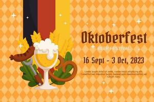 oktoberfest Tedesco birra Festival sfondo. design con bicchiere di birra, forchetta con grigliato salsiccia, pretzel, Grano e foglie, Germania colore bandiera. leggero arancia rombo modello vettore