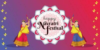 un illustrazione dedito per il Navratri Festival, con un' colorato sfondo. ragazze danza popolare balli. contento Navratri vettore