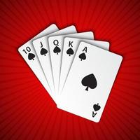 una scala reale di picche su sfondo rosso, mani vincenti di carte da poker, carte da gioco del casinò vettore