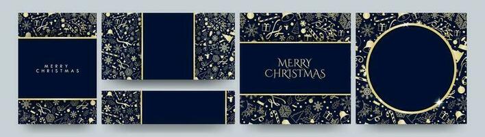 impostato di oro e blu Natale carta manifesto modelli, saluto carte, manifesto, bandiera layout. d'oro decorativo Natale design modelli. lussuoso natale finto UPS. vettore illustrazione.