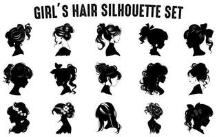 ragazze capelli sagome vettore impostare, ragazze acconciature sagome, Da donna capelli silhouette collezione, capelli nero sagome illustrazione