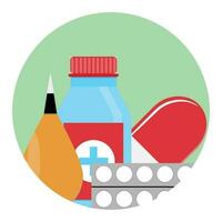 farmaci e farmaci icona. assistenza sanitaria e terapia, cura e bicchiere bottiglia con tavoletta. vettore illustrazione
