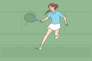 contento giovane donna nel uniforme giocando tennis all'aperto. sorridente ragazza sport giocatore su Tribunale. passatempo e salutare stile di vita. vettore illustrazione.