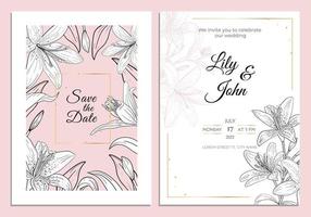 modello di biglietto di invito a nozze giglio fiori e foglie di giglio bianco e nero con cornice dorata su sfondo rosa vettore