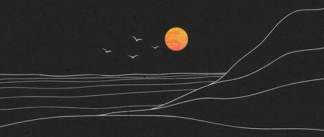 illustrazioni di montagna arte paesaggio. creativo minimalista moderno linea arte Stampa. astratto contemporaneo estetico sfondi paesaggi. con montagna, collina, chiaro di luna e volante uccello vettore