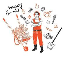 un' giovane contadino sta con un' pala e un' carrello. impostato di azienda agricola elementi e verdure. agricoltura concept.farming.sketch nel colore. vettore
