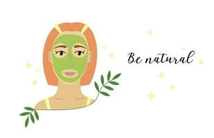 pelle cura carta, manifesto, bandiera con testo essere naturale. vettore illustrazione di biologico cosmetico prodotti e giovane donna con facciale maschera foglio. cura della pelle concetto