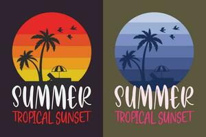 estate tropicale tramonto, estate vibrazioni, estate maglietta, vacanza camicia, famiglia estate camicia, vacanza vestiario, spiaggia camicia, estate spiaggia, all'aperto, palma albero vettore