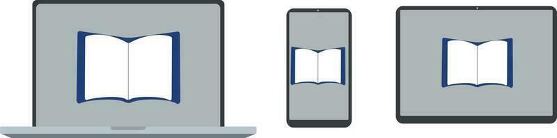 e-book icona marchio e computer, tavoletta e smartphone linea disegno vettore illustrazione nero e bianca Materiale impostato