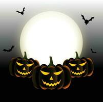 Halloween zucche con Luna su arancia notte sfondo. illustrazione può essere Usato per figli di vacanza disegno, carte, inviti, striscioni. vacanza carta con Jack o' lanterne, pipistrelli e nero ragno. vettore