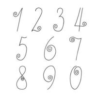 piccolo mano disegnato nero numeri a partire dal uno per zero nel scarabocchio stile schema vettore illustrazione, calligrafico matematica simboli, carino divertente decorativo contorno lettering