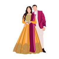 vettore vettore carino indiano coppia cartone animato nel tradizionale vestito in posa per nozze invito carta design