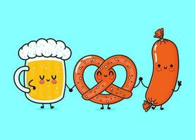 bicchiere di birra, salsiccia e pretzel. vettore mano disegnato cartone animato kawaii personaggi, illustrazione icona. divertente cartone animato bicchiere di birra, salsiccia e salatino portafortuna amici concetto