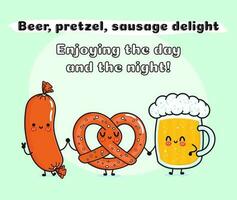 bicchiere di birra, salsiccia e pretzel. vettore mano disegnato cartone animato kawaii personaggi, illustrazione icona. divertente cartone animato bicchiere di birra, salsiccia e salatino portafortuna amici concetto