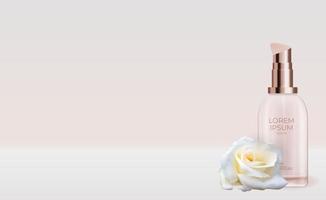 Prodotto cosmetico naturale realistico 3d per la cura del viso con fiore di rosa. modello di progettazione di prodotti cosmetici di moda per annunci, volantini o sfondo di riviste vettore