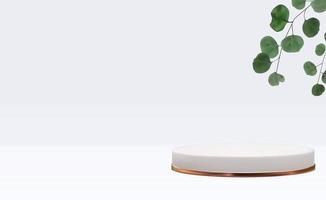 piedistallo 3d realistico con foglie di eucalipto. display podio vuoto alla moda per annunci di presentazione di prodotti cosmetici, rivista di moda. copia spazio vettore