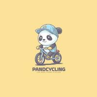 cartone animato carino adorabile panda indossare un' cappello equitazione un' bicicletta. panda giocando bicicletta portafortuna logo vettore illustrazione