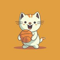 un' giocoso gattino con grande, curioso occhi dribbling un' luminosa arancia pallacanestro, catturato mezzo salto, in mostra suo agilità nel un' piatto 2d cartone animato stile. vettore illustrazione