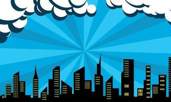 comico blu sfondo con città silhouette e nube illustrazione vettore