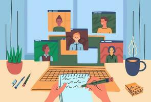 cartone animato colore personaggi persone collaboratori o partner e video conferenza concetto. vettore