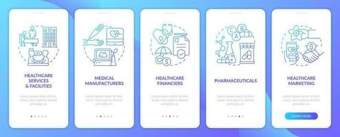 medico industria chiave segmenti blu pendenza onboarding mobile App schermo. Procedura dettagliata 5 passaggi grafico Istruzioni con lineare concetti. ui, ux, gui modellato vettore