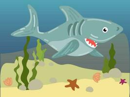 illustrazione di un' cartone animato squalo sotto acqua. subacqueo mondo con un' divertente squalo. il squalo è nel suo solito habitat. figli di illustrazione, stampa per figli di libri vettore