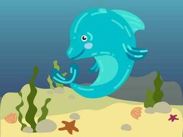 illustrazione di un' cartone animato delfino sotto acqua. subacqueo mondo con un' divertente delfino. un' delfino nel suo abituale habitat. figli di illustrazione, stampa per figli di libri vettore