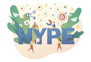 hype - grande testo. minuscolo persone a seguire Internet tendenze. blogger, celebrità, influencer bisogno Di Più piace. mmm. sociale media virale o falso contenuto. moderno piatto cartone animato stile. vettore illustrazione