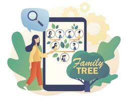 genealogia in linea. famiglia albero nel smartphone app. minuscolo persone nonni, genitori, bambini. pedigree. esempio di parenti connessione dati. moderno piatto cartone animato stile. vettore illustrazione