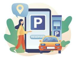 parcheggio smartphone app. minuscolo donna guardare per parcheggio lotto per parco automobile. pubblico parcheggio nel grande città. urbano trasporto. moderno piatto cartone animato stile. vettore illustrazione su bianca sfondo