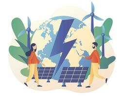 verde energia concetto. rinnovabile energia. globale eco industria. minuscolo persone su energia pianta con solare pannelli e mulini a vento. moderno piatto cartone animato stile. vettore illustrazione su bianca sfondo