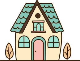 vettore cartone animato bianca Casa con rosa tetto icona. vettore Casa con Due piccolo piantine e blu finestre icona.