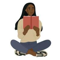 un illustrazione di un' nero pelle donna lettura. ragazza seduta con un' libro. formazione scolastica concetto. isolato su bianca. vettore