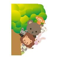 carino cartone animato animali nascondiglio dietro a il albero. giocando nascondere e cercare. cartone animato animale carattere. illustrazione, vettore, eps10 vettore