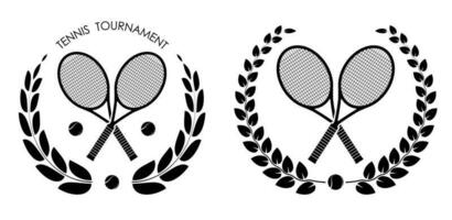 simbolo, emblema di attraversato gli sport tennis razzi e palla per tennis con alloro ghirlanda per concorrenza. tennis gli sport attrezzatura. attivo stile di vita. vettore