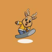 carino cervo giocando Snowboard cartone animato illustrazione vettore