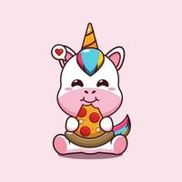 carino unicorno mangiare Pizza cartone animato vettore illustrazione.