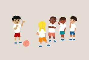 illustrazione con un' gruppo di ragazzi e ragazze giocando calcio vettore
