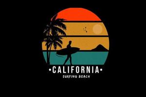 t-shirt california surfing beach colore rosso arancio e verde vettore