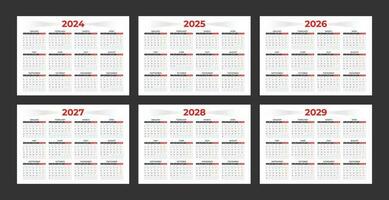 impostato di annuale calendario modello per 2024, 2025, 2026, 2027, 2028 e 2029. minimalista stile calendario. settimana inizia a partire dal Domenica vettore