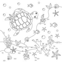 colorazione pagina. poco carino mare tartaruga nuotate subacqueo con bolle e sorrisi. vettore illustrazione, colorazione libro per bambini. scarabocchio sfondo. cartone animato personaggi